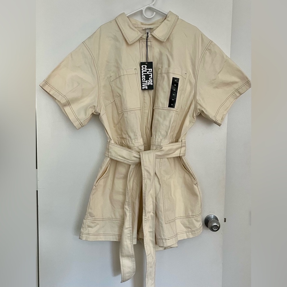 Off White/Ivory Future Collective denim belted romper 3X